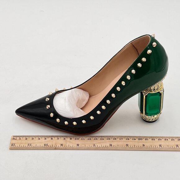 FSJ Green Bridal Pointed Toe Chunky High Heel Crystal Pumps Wedding Dress Shoes - Picture 2 of 8